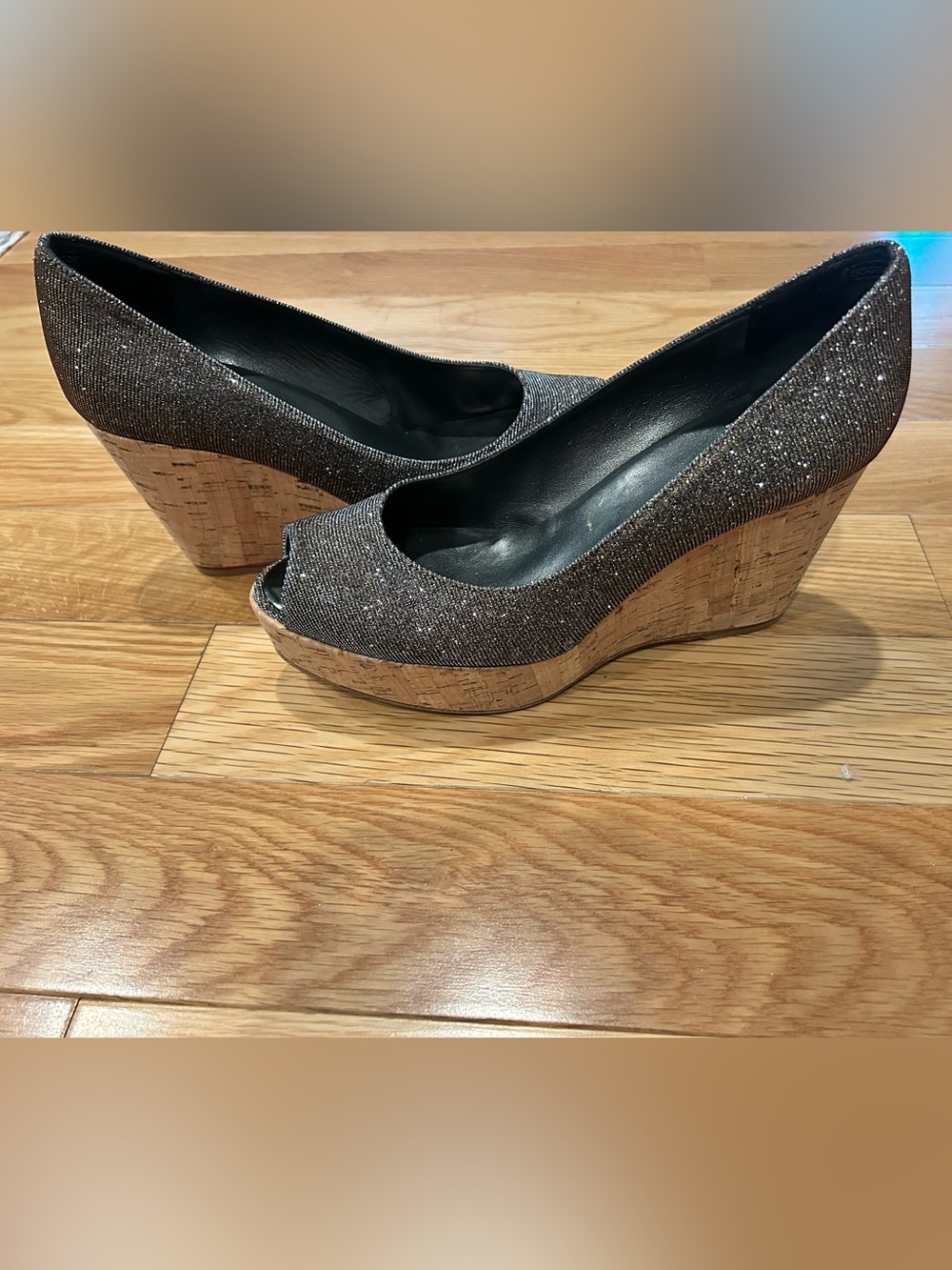 Sparkle Peep-Toe Cork Wedge Heels - Picture 1 of 4